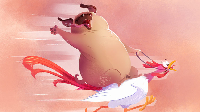 pug riding on the rooster