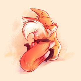 little cute fox hugging his tail